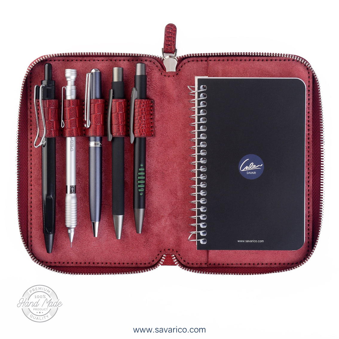 کیف قلم تمام چرم طبیعی دور زیپ دار به همراه دفترچه یادداشت قابل تعویض برند سواری SAVARI ( مدل S-13-02 ) با ضمانتنامه 2 ساله