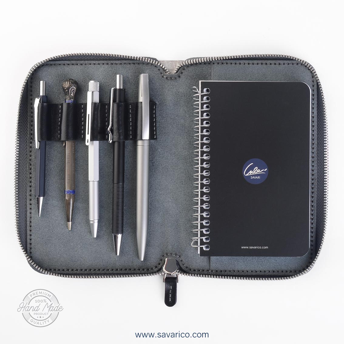 کیف قلم تمام چرم طبیعی دور زیپ دار به همراه دفترچه یادداشت قابل تعویض برند سواری SAVARI ( مدل S-13-03 ) با ضمانتنامه 2 ساله