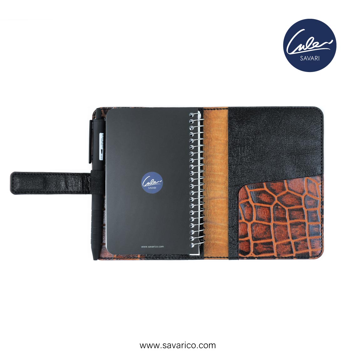 ژورنال جیبی با جلد چرم طبیعی به همراه خودکار و دفترچه یادداشت قابل تعویض برند سواری SAVARI ( مدل S-26-03 )
