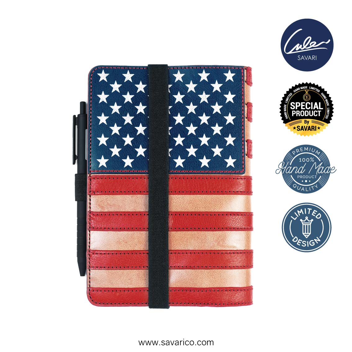 نت بوک چرم طبیعی طرح پرچم ایالات متحده به همراه دفترچه یادداشت و خودکار قابل تعویض - برند سواری SAVARI ( مدل S-30 )