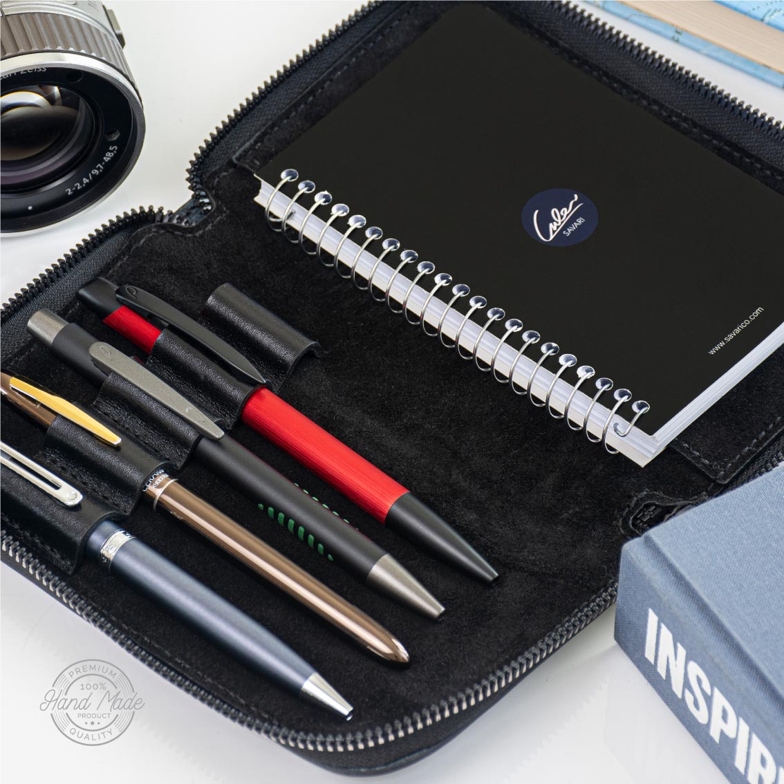کیف قلم تمام چرم طبیعی دور زیپ دار به همراه دفترچه یادداشت قابل تعویض برند سواری SAVARI ( مدل S-13 )